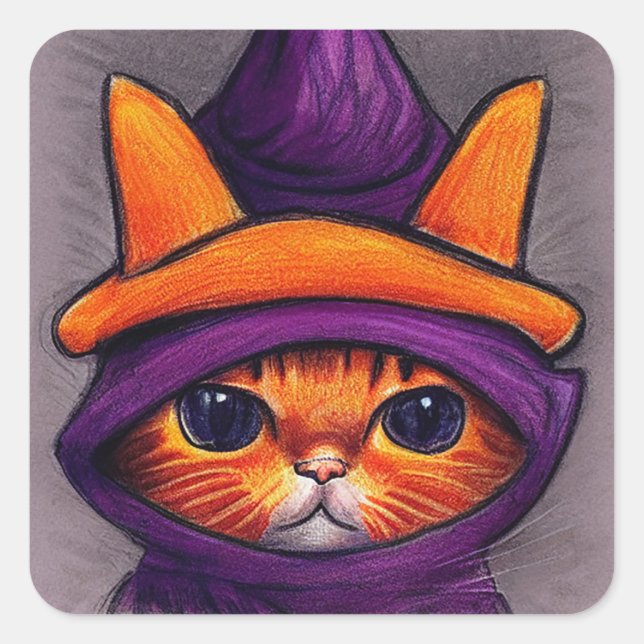 Orange Cat with Purple Witch Hat Halloween Square Sticker (Front)