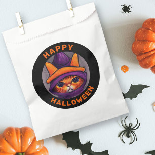 Orange Cat with Purple Witch Hat Happy Halloween Favour Bag