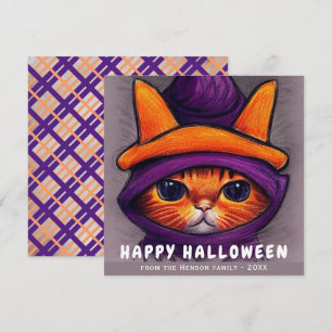 Orange Cat with Purple Witch Hat Happy Halloween  Holiday Card