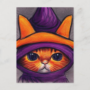 Orange Cat with Purple Witch Hat Happy Halloween Holiday Postcard