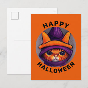 Orange Cat with Purple Witch Hat Happy Halloween Holiday Postcard