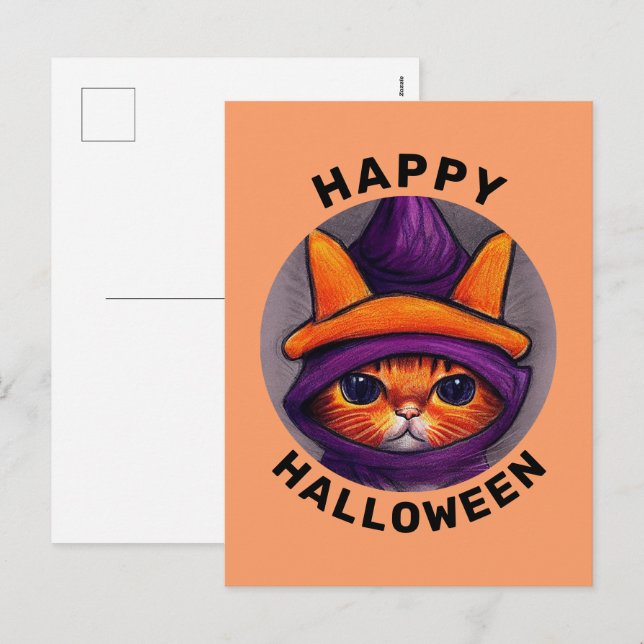 Orange Cat with Purple Witch Hat Happy Halloween  Holiday Postcard (Front/Back)
