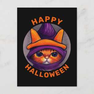 Orange Cat with Purple Witch Hat Happy Halloween  Holiday Postcard