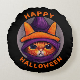 Orange Cat with Purple Witch Hat Happy Halloween Round Pillow