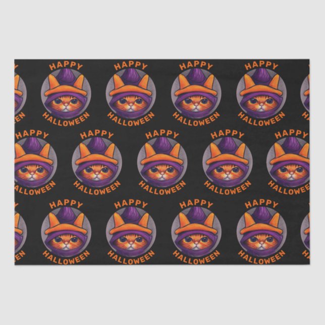 Orange Cat with Purple Witch Hat Happy Halloween Tissue Paper (Front)