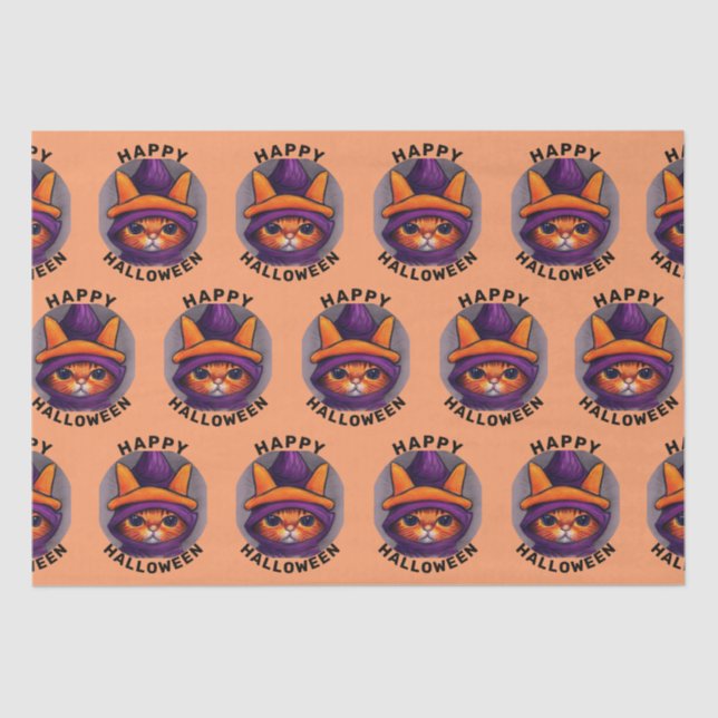 Orange Cat with Purple Witch Hat Happy Halloween Tissue Paper (Front)