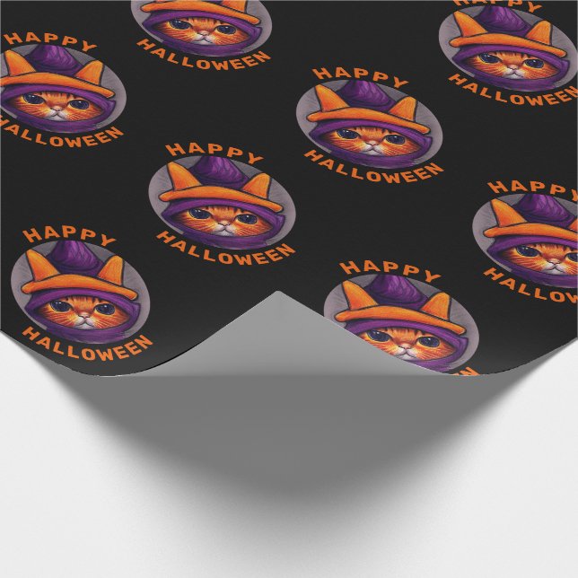 Orange Cat with Purple Witch Hat Happy Halloween Wrapping Paper (Corner)