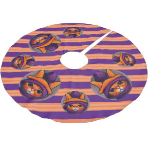 Orange Cat with Purple Witch Hat Stripe Halloween  Brushed Polyester Tree Skirt