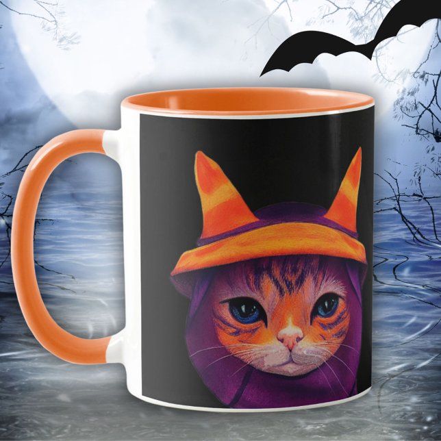 Orange Cat with Witch Hat Halloween Black Mug (Creator Uploaded)