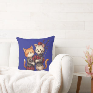 Orange Cats Playing Bagpipes and Wearing Plaid Throw Pillow
