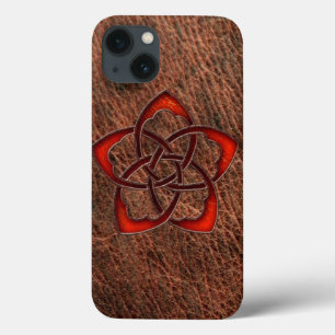 Orange celtic knot flower on genuine leather iPhone 13 case