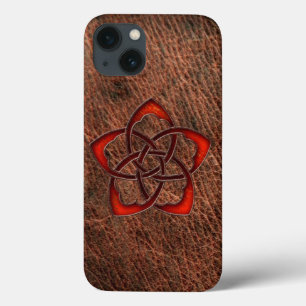 Orange celtic knot flower on genuine leather iPhone 13 case