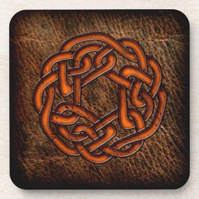 Orange celtic knot on leather coaster (Front)