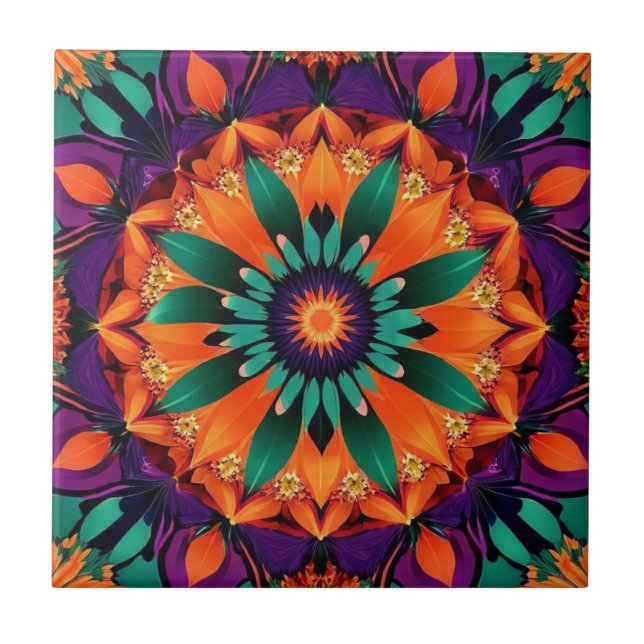 Orange Centred Teal Flower Tile (Front)