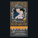 Orange Chalkboard Merry Christmas Photo Card<br><div class="desc">Merry Christmas holiday photo cards with a chalkboard look background,  lots of orange swirls and text that reads Merry Christmas,  a string of colourful tree lights in various colours,  orange hanging ornaments,  and areas you can customize these beautiful and bright holiday photo cards with your photo and names!</div>