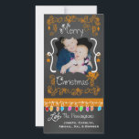Orange Chalkboard Merry Christmas Photo Card<br><div class="desc">Merry Christmas holiday photo cards with a chalkboard look background,  lots of orange swirls and text that reads Merry Christmas,  a string of colourful tree lights in various colours,  orange hanging ornaments,  and areas you can customize these beautiful and bright holiday photo cards with your photo and names!</div>