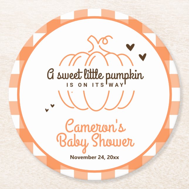Orange Check Plaid Little Pumpkin Fall Baby Shower Round Paper Coaster (Front)