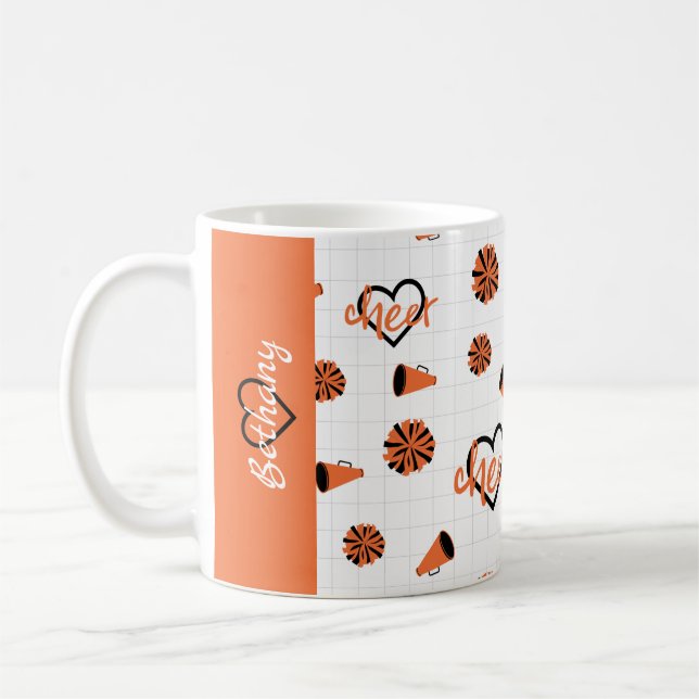 Orange Cheer Hearts, Pom Poms, Megaphone Pattern Coffee Mug (Left)