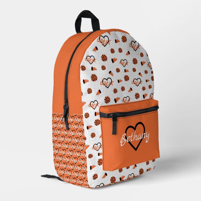 Orange Cheer Hearts, Pom Poms, Megaphone Pattern Printed Backpack (Back Corner Left)