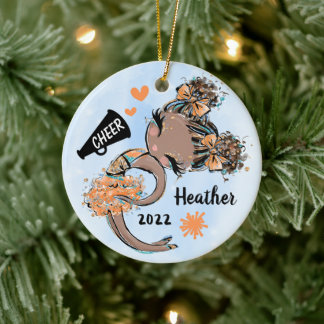 Orange Cheerleader Girl Ornament Dark Skin & Hair