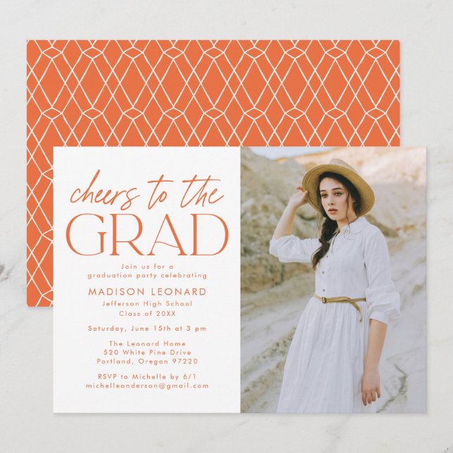 Orange | Cheers to the Grad Photo Graduation Party Invitation (Front/Back)