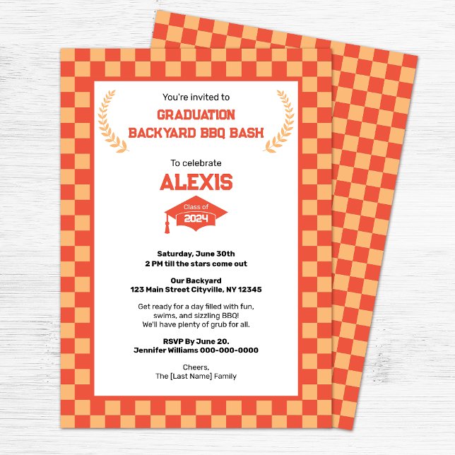 Orange Chequerboard Backyard Graduation Party  Invitation (Creator Uploaded)