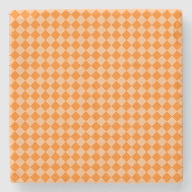 Orange Chequered Diamond Pattern Stone Coaster (Front)