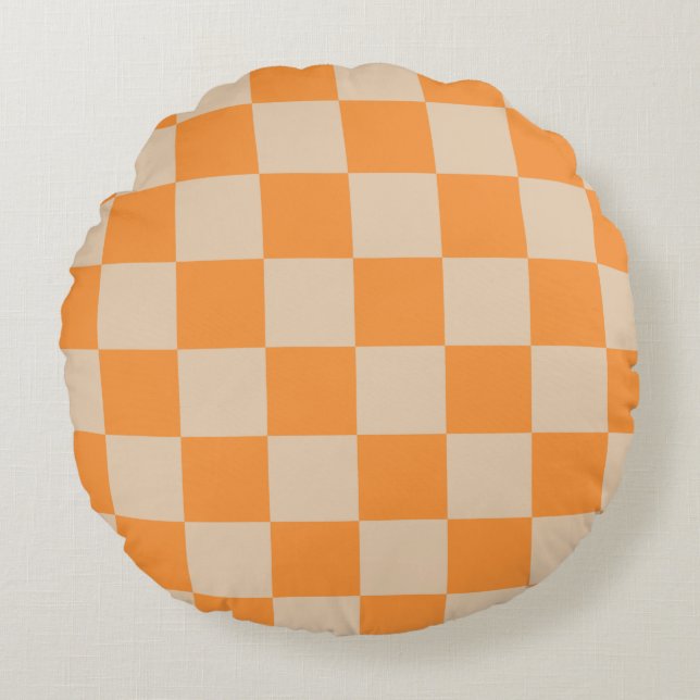 Orange Chequered Gingham Pattern Round Pillow (Front)