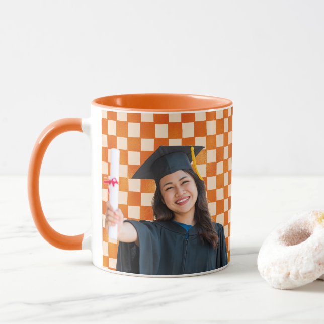 Orange Chequered Personalized Portrait Graduation Mug (With Donut)