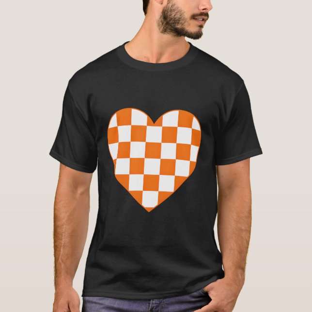Orange Chequered Plaid Love Heart Racing Chess Lov T-Shirt (Front)