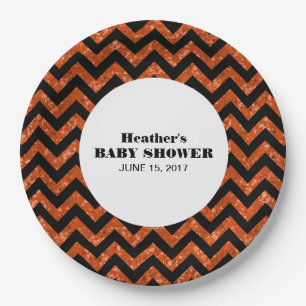 Orange Chevron Glitter Baby Shower Paper Plates
