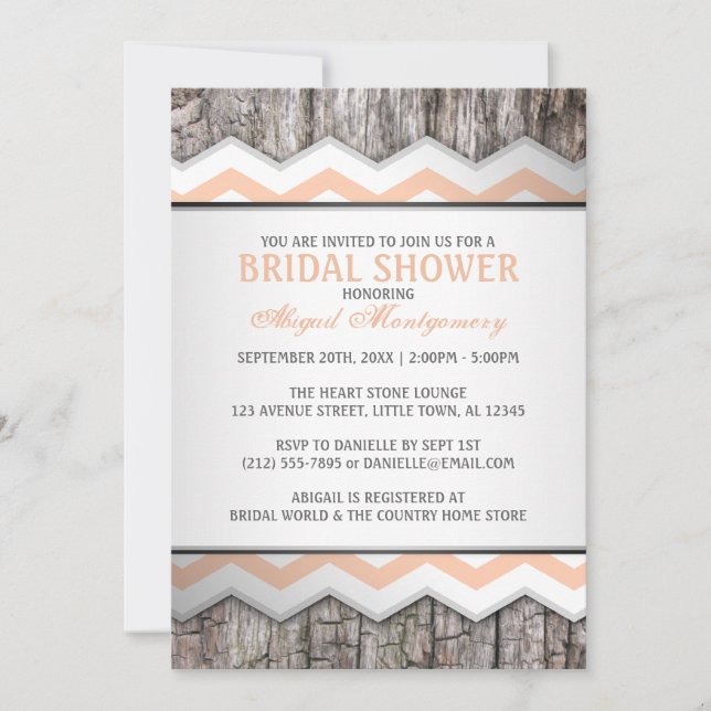 Orange Chevron & Wood Rustic Bridal Shower Invitation (Front)