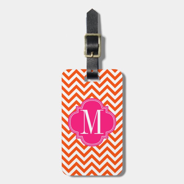 Orange Chevron Zigzag Personalized Monogram Luggage Tag (Front Vertical)