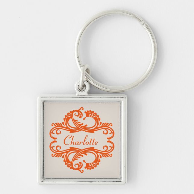 Orange Chic Damask Premium Keychain (Front)