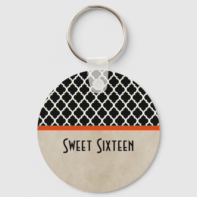 Orange Chic Quatrefoil Sweet 16 Keychain (Front)