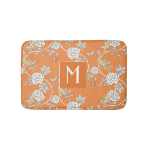 Orange Chinoiserie Floral Monogram Bath Mat