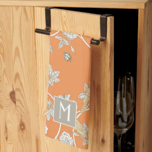 Orange Chinoiserie Floral Monogram Kitchen Towel