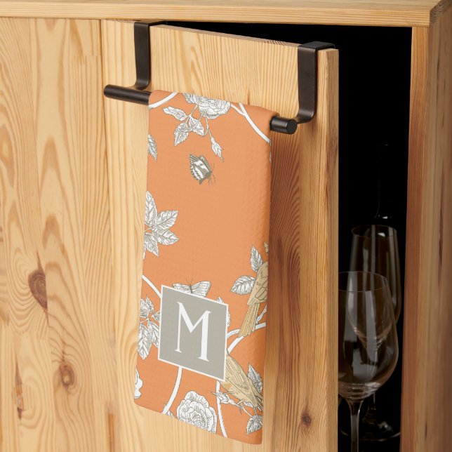 Orange Chinoiserie Floral Monogram Kitchen Towel (Thirds Fold)
