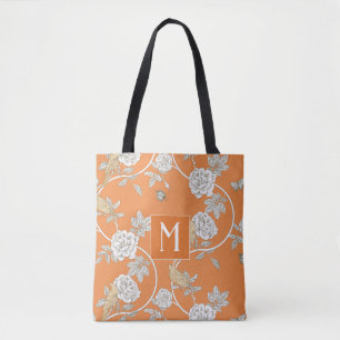 Orange Chinoiserie Floral Monogram Tote Bag