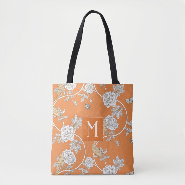 Orange Chinoiserie Floral Monogram Tote Bag (Front)