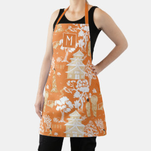 Orange Chinoiserie Pagodas Monogram Apron