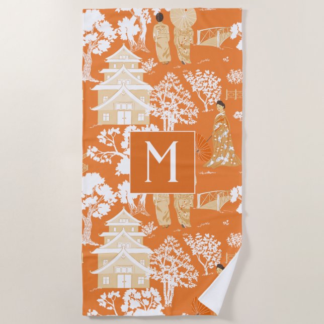 Orange Chinoiserie Pagodas Monogram Beach Towel (Front)