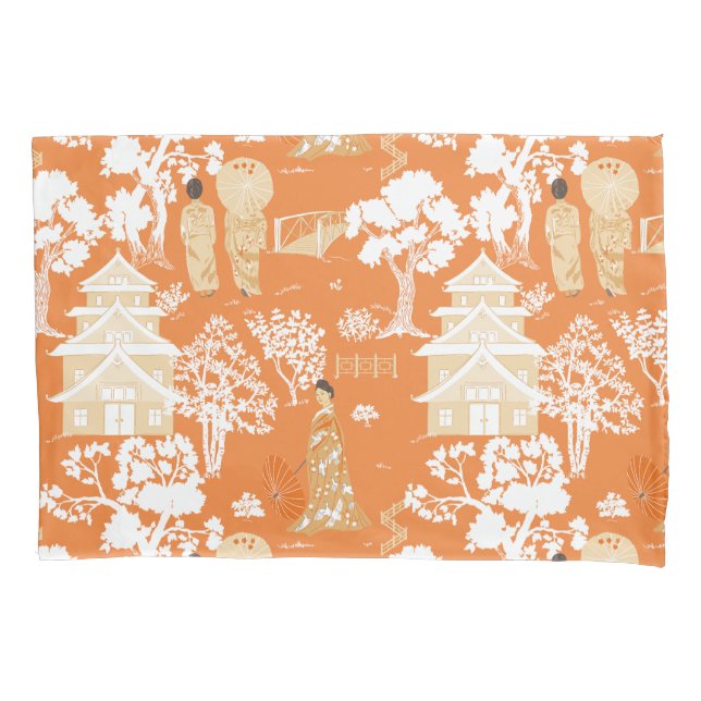 Orange Chinoiserie Pagodas Pillowcase (Front)