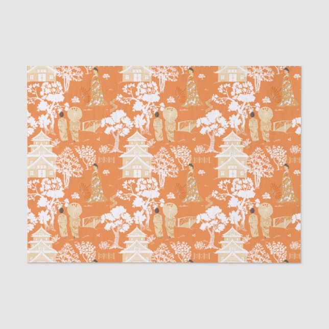Orange Chinoiserie Pagodas Tissue Paper (Front)