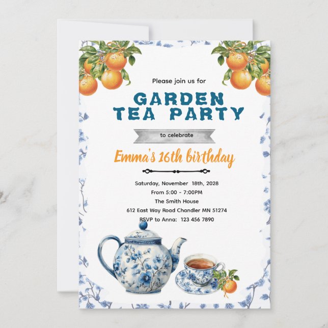 Orange Chinoiserie tea party invitation (Front)
