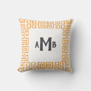 Orange Chinoiserie Wide Greek Key Border Monogram Throw Pillow
