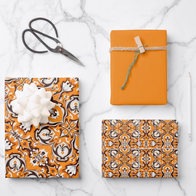 Orange, Chocolate & White Pattern Wrapping Paper Sheet (Front)