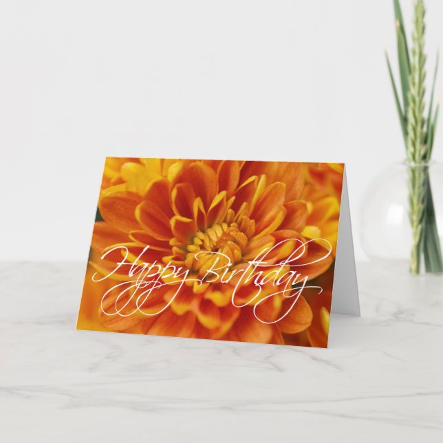 Orange Chrysanthemum Happy Birthday Card (Front)