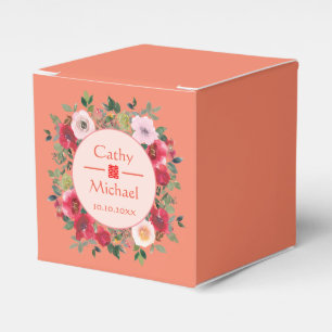 Orange circle floral wreath modern Chinese wedding Favor Box