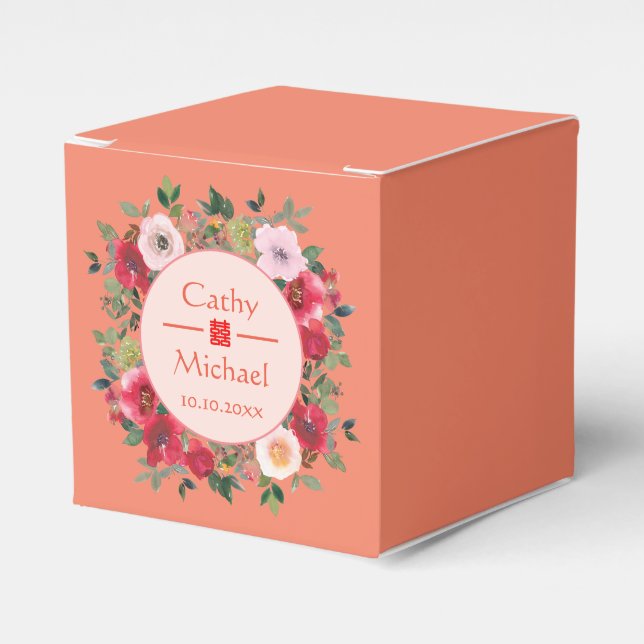 Orange circle floral wreath modern Chinese wedding Favor Box (Front Side)